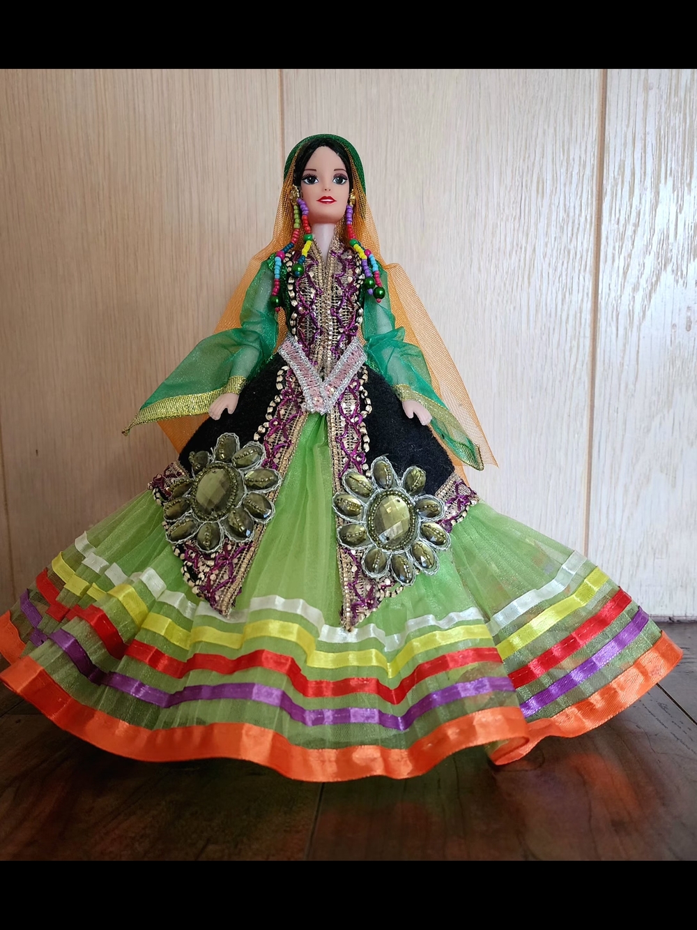 Green Multicolor Embellished Traditional Doll Dress - Picture 2 of 4